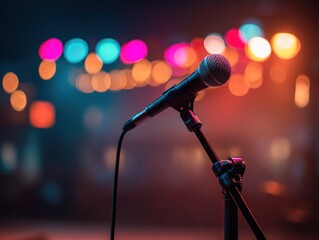 Obraz premium Microphone on stage with colorful lights