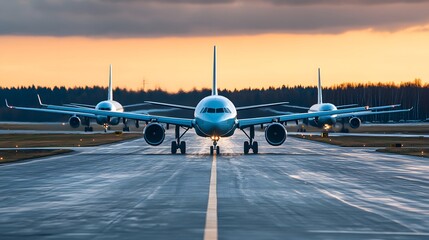 Front view of three commercial airplanes taxis on runway during sunset with colorful sky and distant trees in background, aviation, transportation, travel, airport infrastructure, air travel