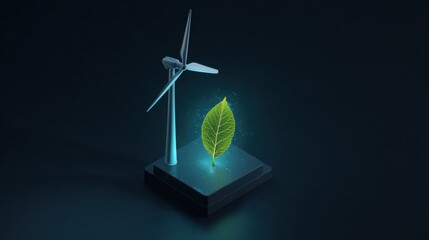 Obraz premium 3D Isometric Concept of Wind Turbines and Leaf Contribution to Energy