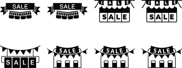 Fototapeta premium A collection of black and white sale promotion illustrations showcasing banners flags and stylized storefront elements.