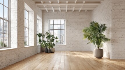 Fototapeta premium Empty loft interior with plants and city view