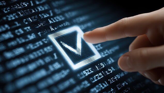 Finger pointing at digital checkmark on computer screen