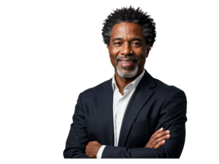 Confident african american businessman with graying hair and beard wearing a suit and white shirt with arms crossed isolated on transparent background
