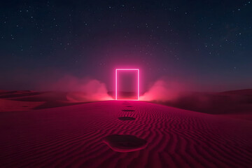 Background of a glowing pink dimensional door in the middle of a desert at night with smoke billowing out.
