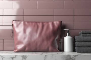 Rose-toned zippered pouch on marble vanity
