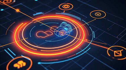 Abstract digital interface with glowing neon circles and graphic elements - Powered by Adobe