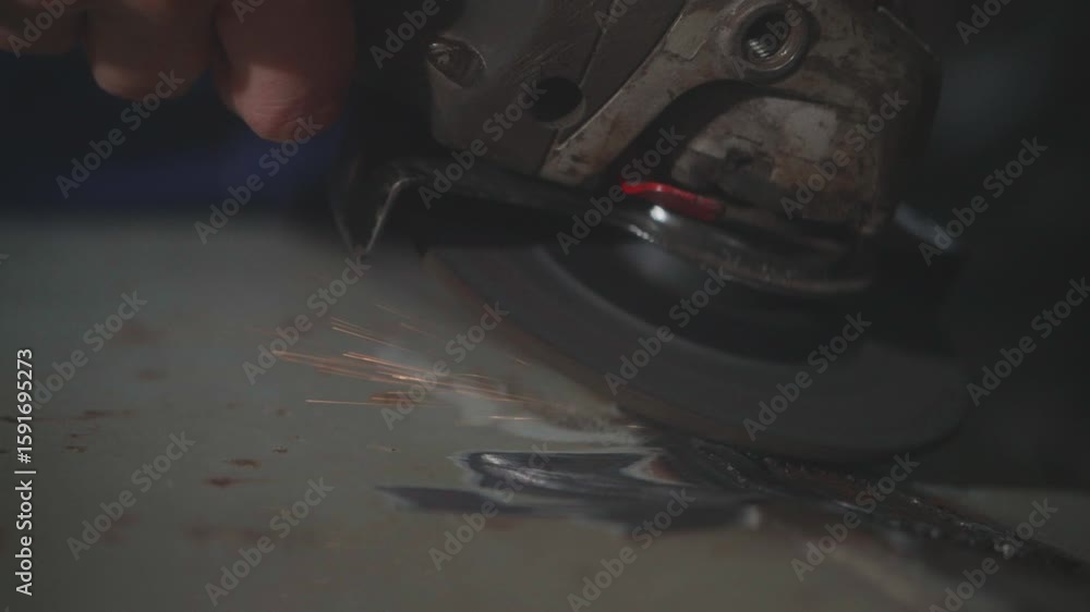 Poster a slow-motion macro shot of a worker using an angle grinder to smooth a weld on sheet metal. bright 