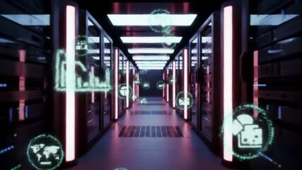 Server racks in a modern data center with digital overlays - Powered by Adobe