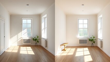 Fototapeta premium Side-by-side comparison of a room corner showing transformation from old to renovated state.
