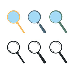 Set of magnifying glass icons on white background. Black and white magnifying glass icons.