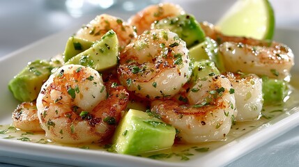 Close up of delicious shrimp and avocado salad garnished with herbs