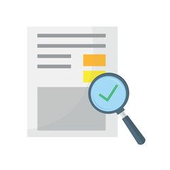 Magnifying glass icon with document on white background. Information search.