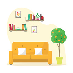 Interior with sofa, bookshelves, paintings and orange tree. Decor. Resting place.