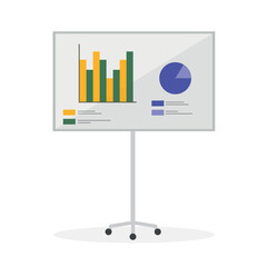 Icon of stand with charts, graphs. Growth, fall. Analytics, business, finance, results.