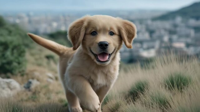 Golden Puppy's Exuberant Stroll: A golden retriever puppy joyfully explores the hills and natural beauty of the world in an outdoor adventure.