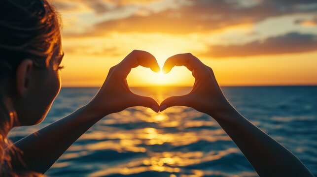 Silhouette of hands creating heart shape against a vibrant ocean sunset