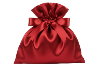 A luxurious red satin gift bag tied with a beautiful bow, isolated on a transparent background