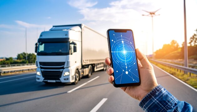 Smartphone displaying a digital interface with a truck on a highway