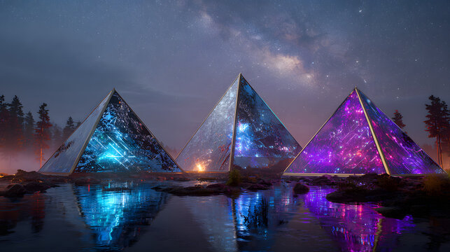 three mystical glowing pyramids set against a starlit sky radiating magical energy and cosmic light in a surreal night landscape with celestial atmosphere