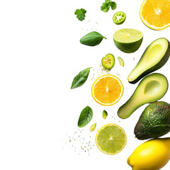 Fresh fruit and vegetables, vibrant colors,  scattered