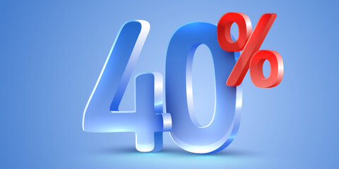 Mega shopping offer 40 percent discount glossy glass 3d render. Sale banner. Vector illustration.