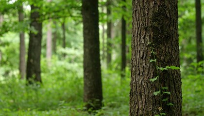 Lush forest scene with a prominent tree trunk