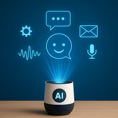 A futuristic smart speaker device projects glowing holographic icons representing various digital services and communication apps.