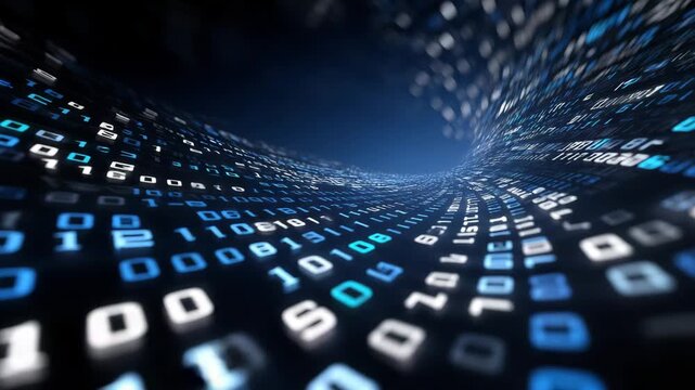 Digital Tunnel of Code: A mesmerizing display of binary code flows in a tunnel-like structure, symbolizing the intricate world of digital data, computer technology.