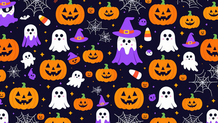 Halloween Pattern with Pumpkins, Ghosts and Witch Hats