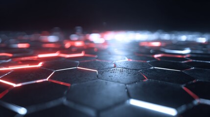Abstract hexagonal grid, glowing red and blue