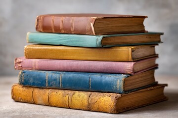 Stacked Vintage Books Of Different Colors On Light Grey Surface