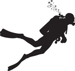 A dynamic scuba diver with rising bubbles vector silhouette trending on Adobe Stock and microstock marketplaces