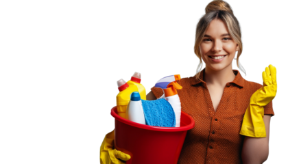 Cleaner with bucket and cleaning products isolated on transparent background