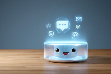 A futuristic smart speaker device projects glowing holographic icons representing various digital services and communication apps.
