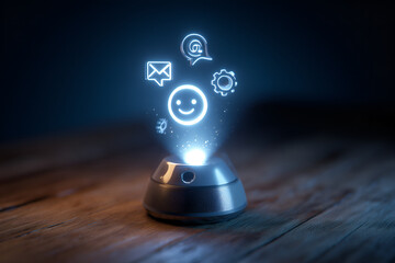 A futuristic smart speaker device projects glowing holographic icons representing various digital services and communication apps.