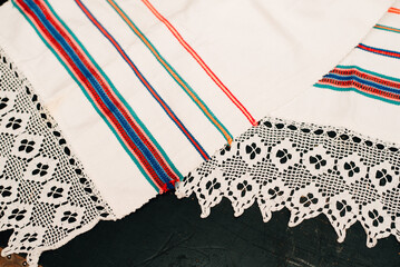Woven towels with stripes and lace