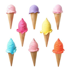 Nine colorful ice cream cones, various flavors