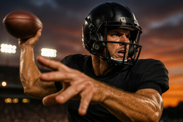 Photorealistic action shot of American football quarterback mid-throw in black uniform under glowing stadium lights and dramatic sunset. Concept of leadership, precision, strategy, and ad