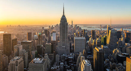 Golden hour illuminates the New York City skyline, showcasing iconic skyscrapers and urban architecture in a vibrant, morning cityscape.