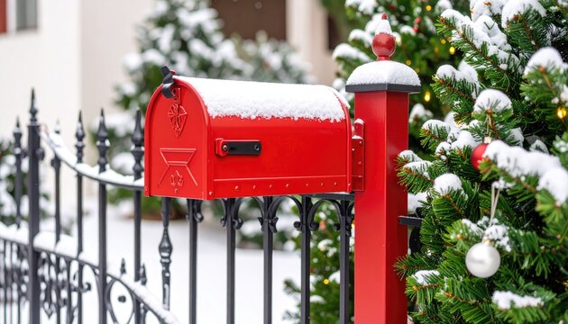 Red mailbox on snowy fence with Christmas tree