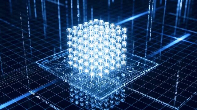 Futuristic digital cube structure glowing in a high-tech grid environment with binary code backdrop