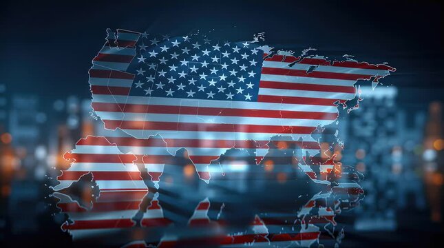 US Flag on World Map with City Lights