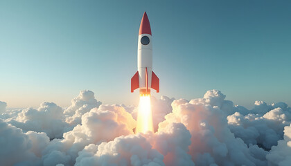 Fototapeta premium A cartoon rocket ship blasts off, ascending through fluffy clouds into a blue sky.