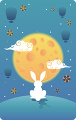 Mid-Autumn Festival Rabbit Gazing at the Moon amidst Lanterns and Clouds | Vector Art