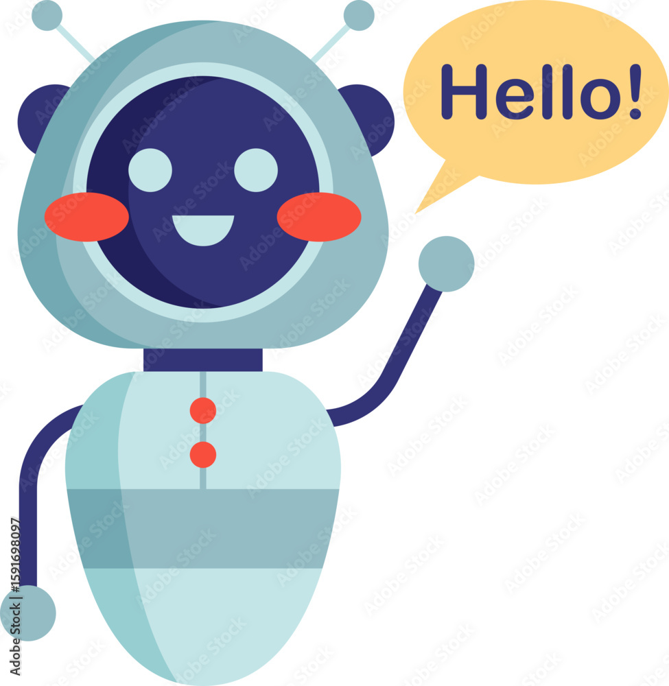 Poster friendly robot character with hello speech bubble illustration design