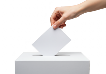 A persons hand inserts a blank ballot into a white voting box, isolated on a transparent background