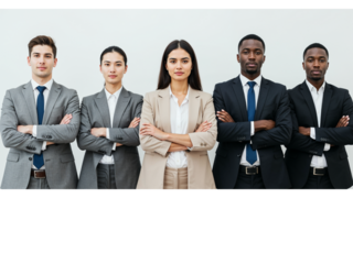 Diverse group of five professional business people standing together with arms crossed isolated on transparent background