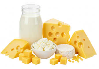 A variety of dairy products including cheese and milk, presented attractively on a transparent background