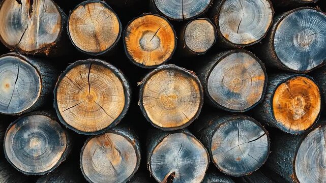 Close-up view of stacked tree trunks