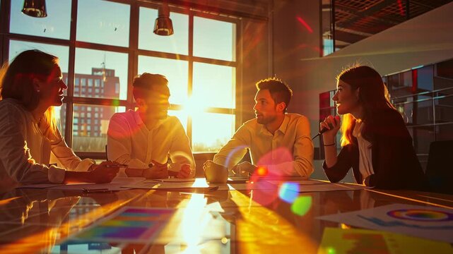 Business people meeting for data analysis and strategy planning, modern office environment, diverse group of professionals, charts and graphs on a table, focused expressions - Powered by Adobe